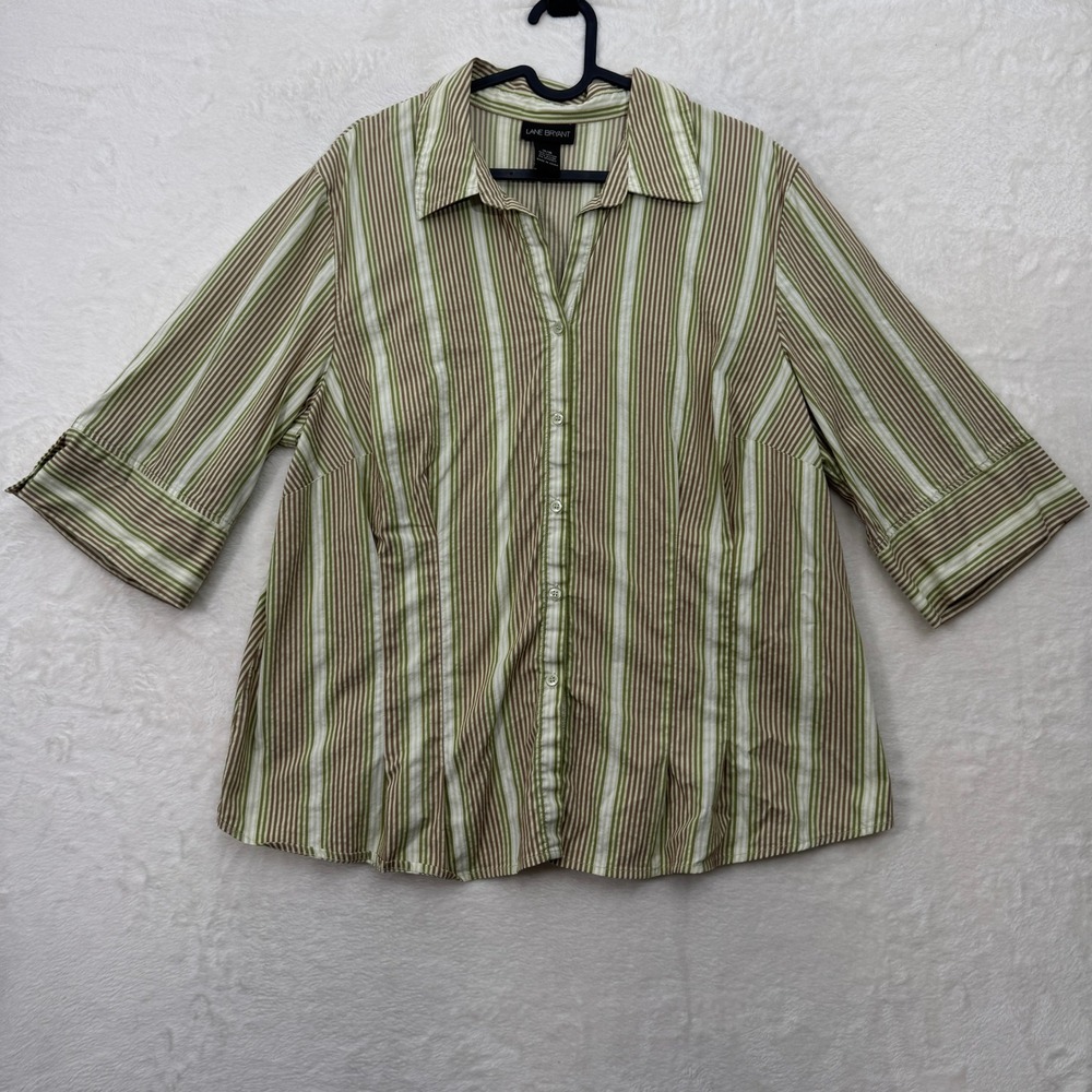 Lane Bryant Button Up Womens 14/16 Green Striped 3/4 Sleeve Stretch Blouse Top